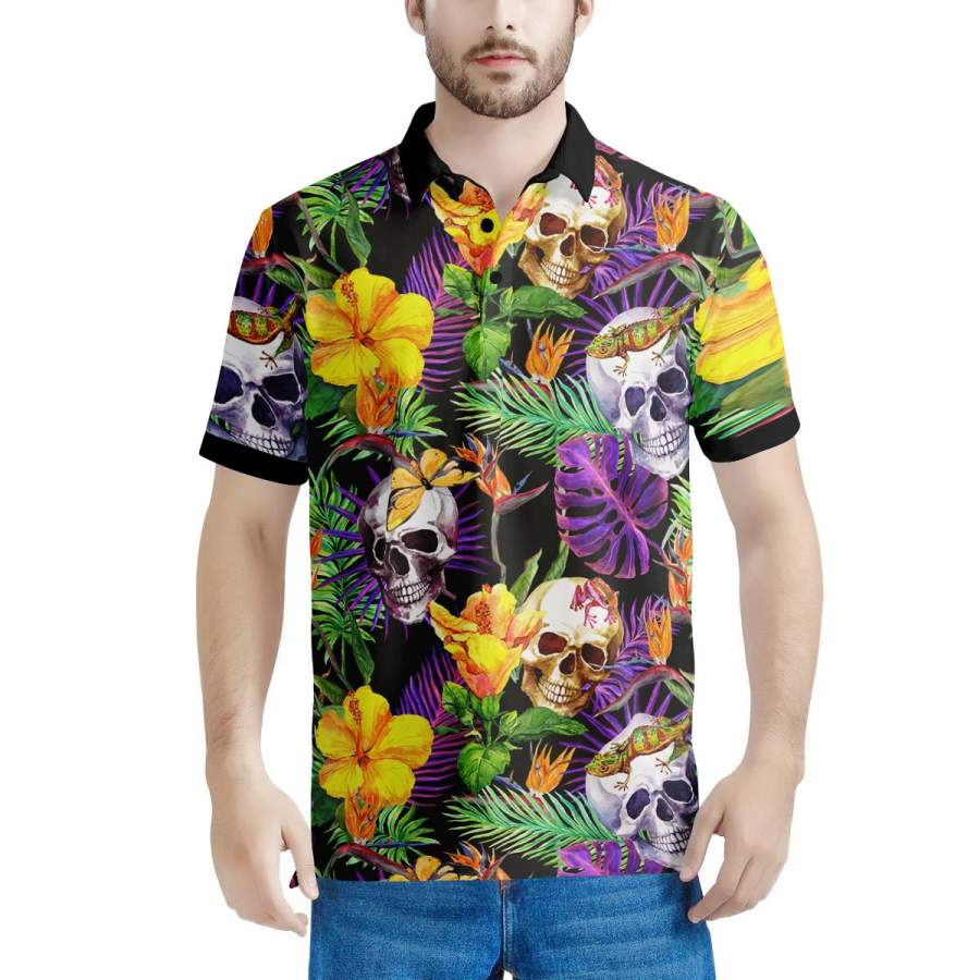 Tropical Hawaiian Skull Mens Polo Shirts