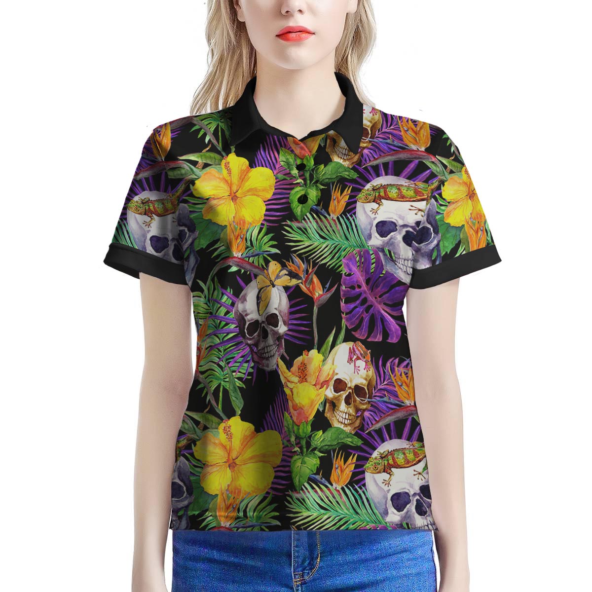 Tropical Hawaiian Skull Womens Polo Shirt