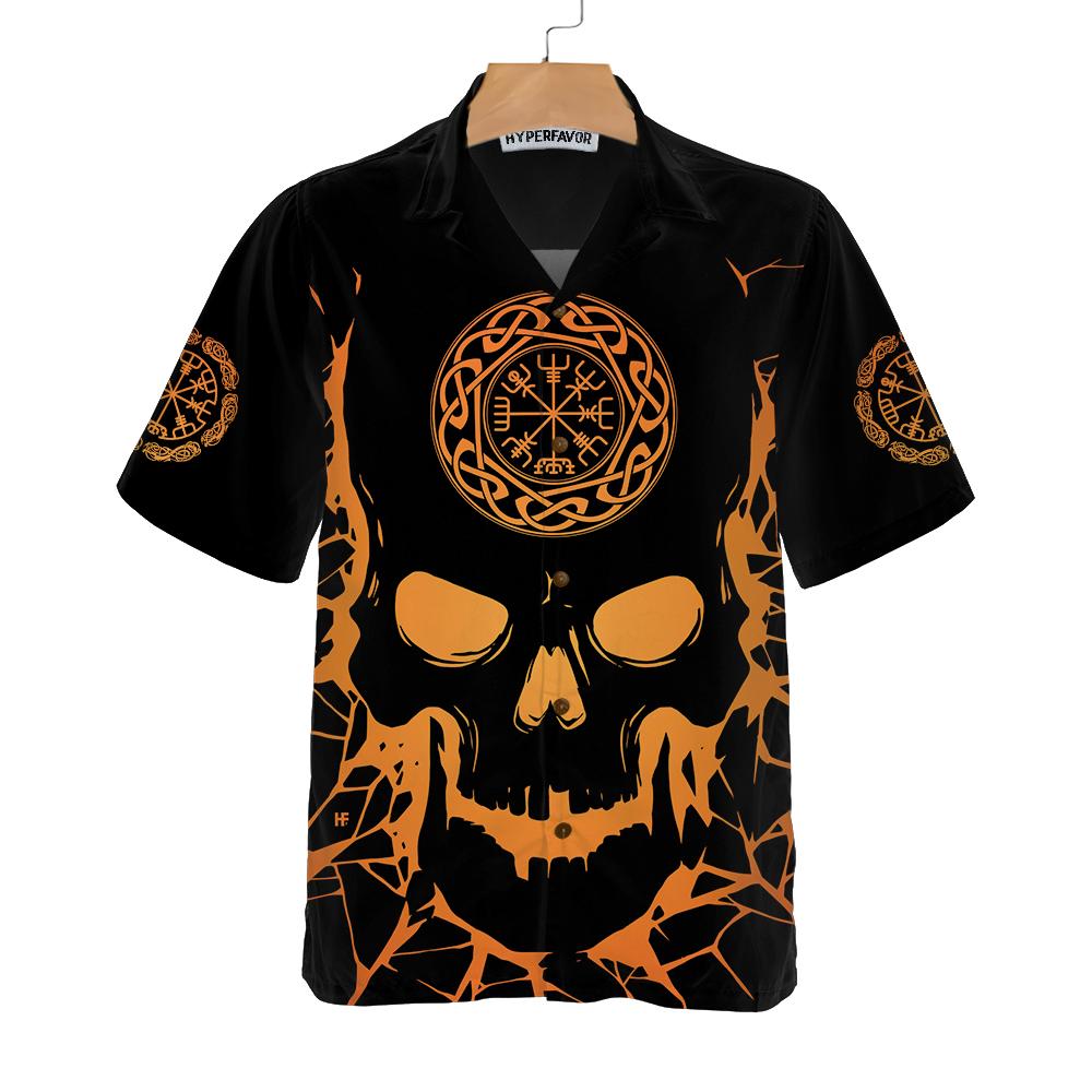 Viking Skull With Backbone Axe Hawaiian Shirt Cool Orange Pattern Black Skull