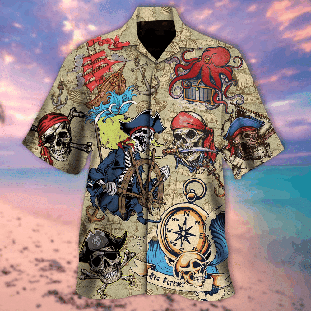 Vintage Skull Pirates Tan Awesome Design Unisex Hawaiian Shirt