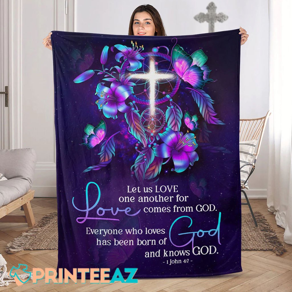 1 John 4 7 Bible Verse Fleece Throw Quilt Blanket With Purple Color, Cross, Flower And Butterfly - PrinteeAZ