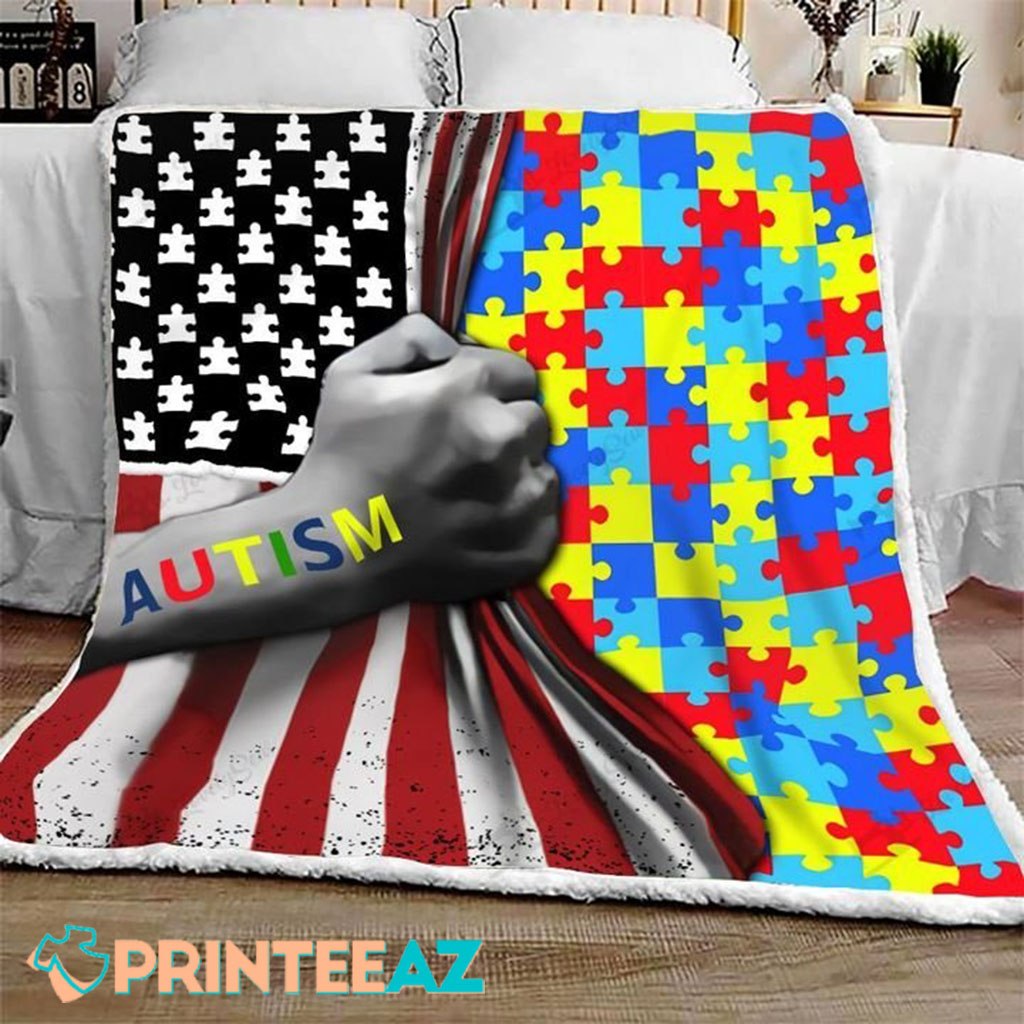 Amarican Flag Autism Awareness Fleece Throw Quilt Blanket With Puzzles - PrinteeAZ