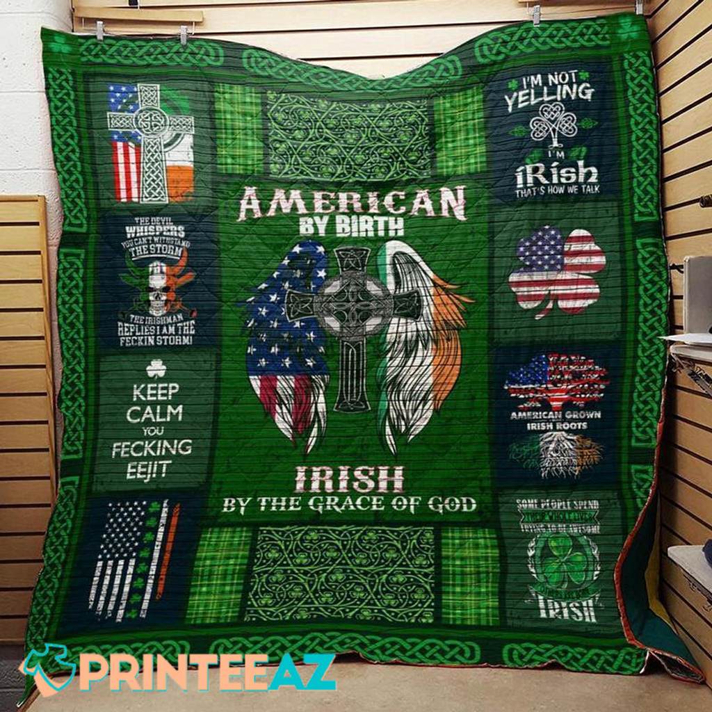 American By Birth St Patrick_s Day Fleece Throw Quilt Blanket Green With American, Irish Flag - PrinteeAZ