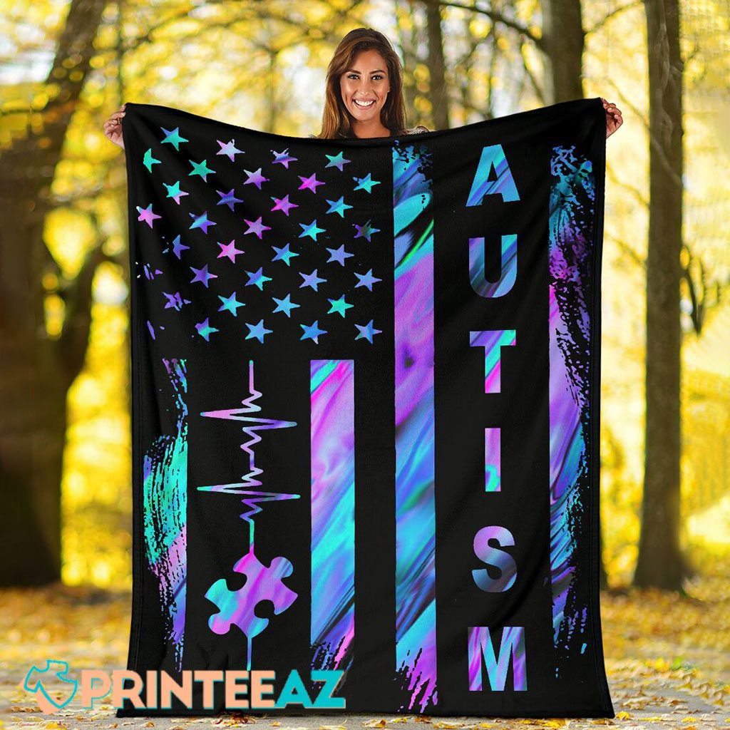 American Flag Autism Awareness Fleece Throw Quilt Blanket With Heartbeat - PrinteeAZ