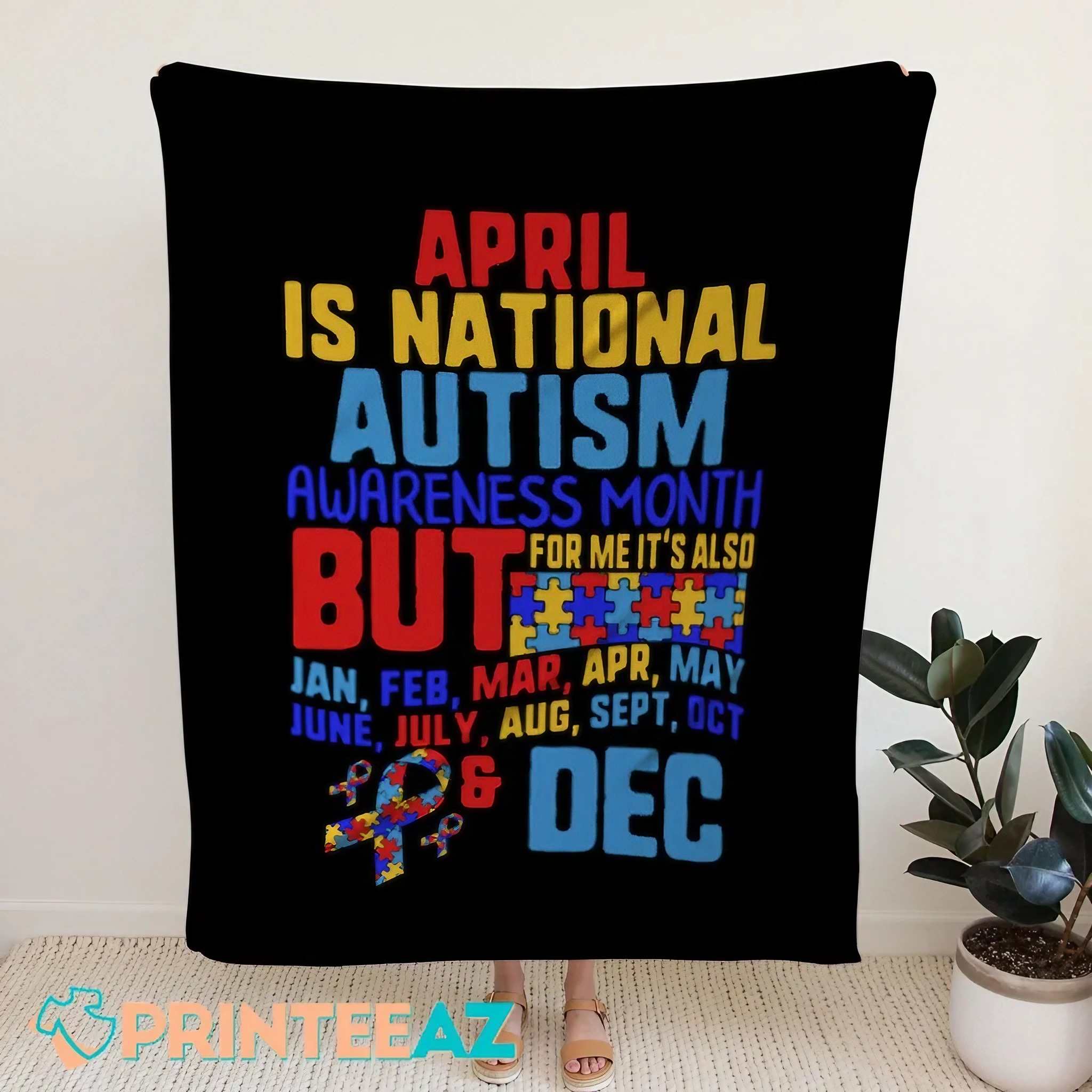 April is National Autism Awareness Fleece Throw Quilt Blanket With Puzzle Ribbon - PrinteeAZ