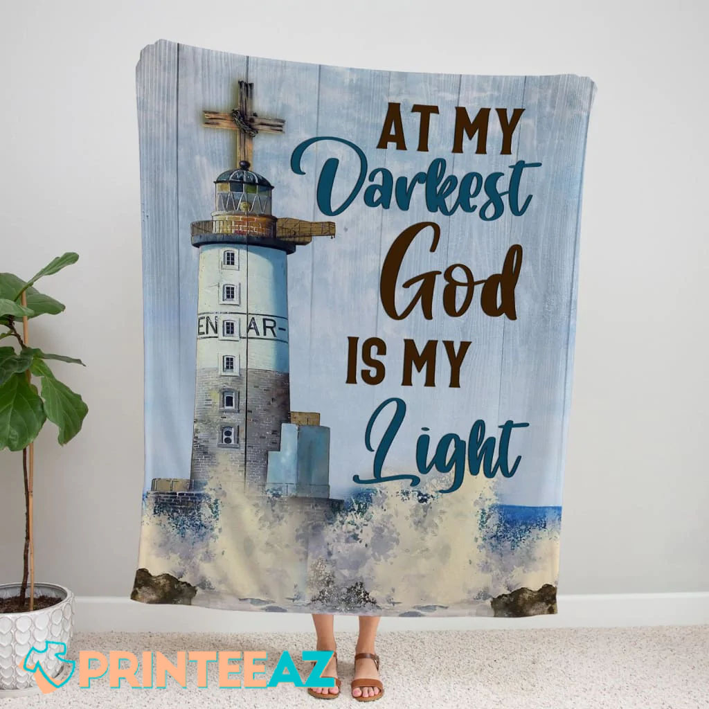 At My Darkest God Is My Light Fleece Throw Quilt Blanket With Lighthouse - PrinteeAZ