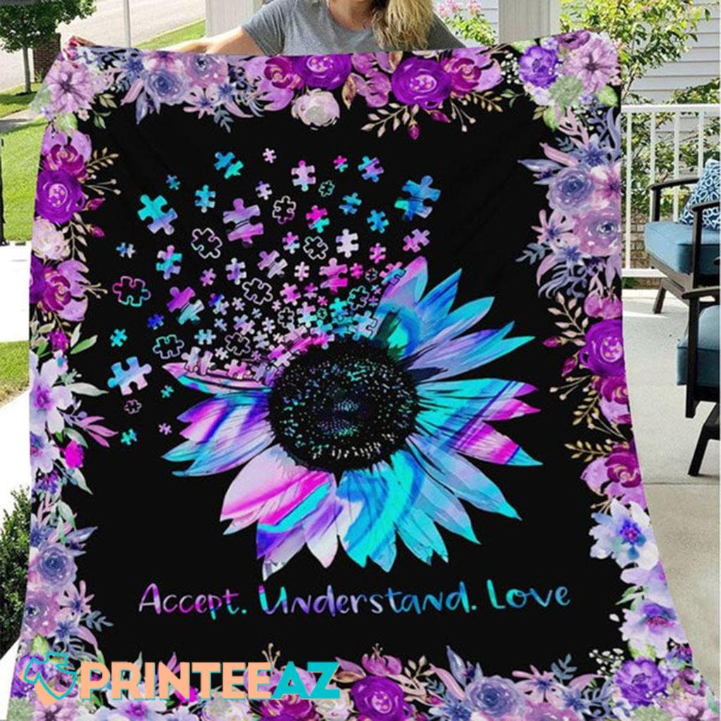 Autism Acceptance Awareness Fleece Throw Quilt Blanket With Sunflower - PrinteeAZ