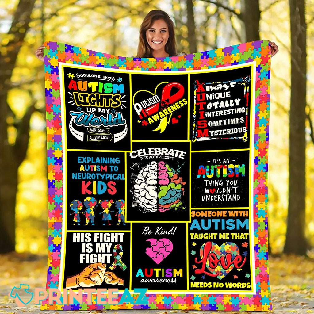 Autism Lights Up My World Awareness Fleece Throw Quilt Blanket With Brain - PrinteeAZ