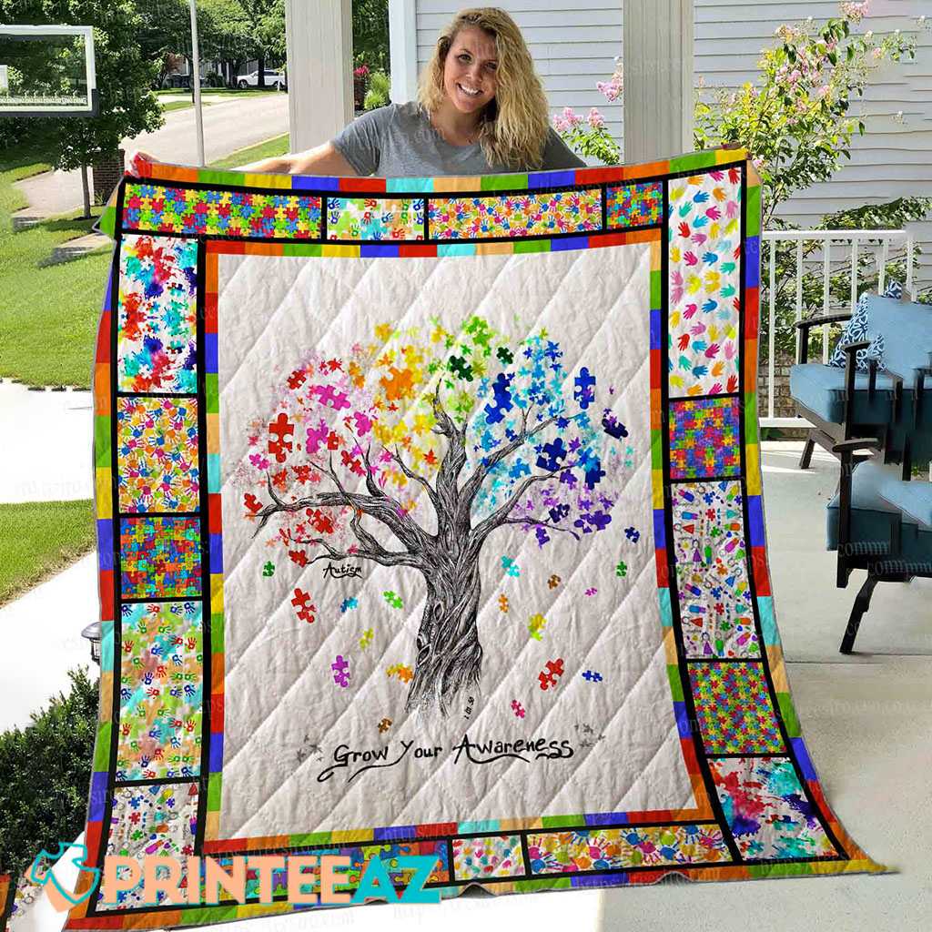 Autism Tree Awareness Fleece Throw Quilt Blanket With Black Text - PrinteeAZ