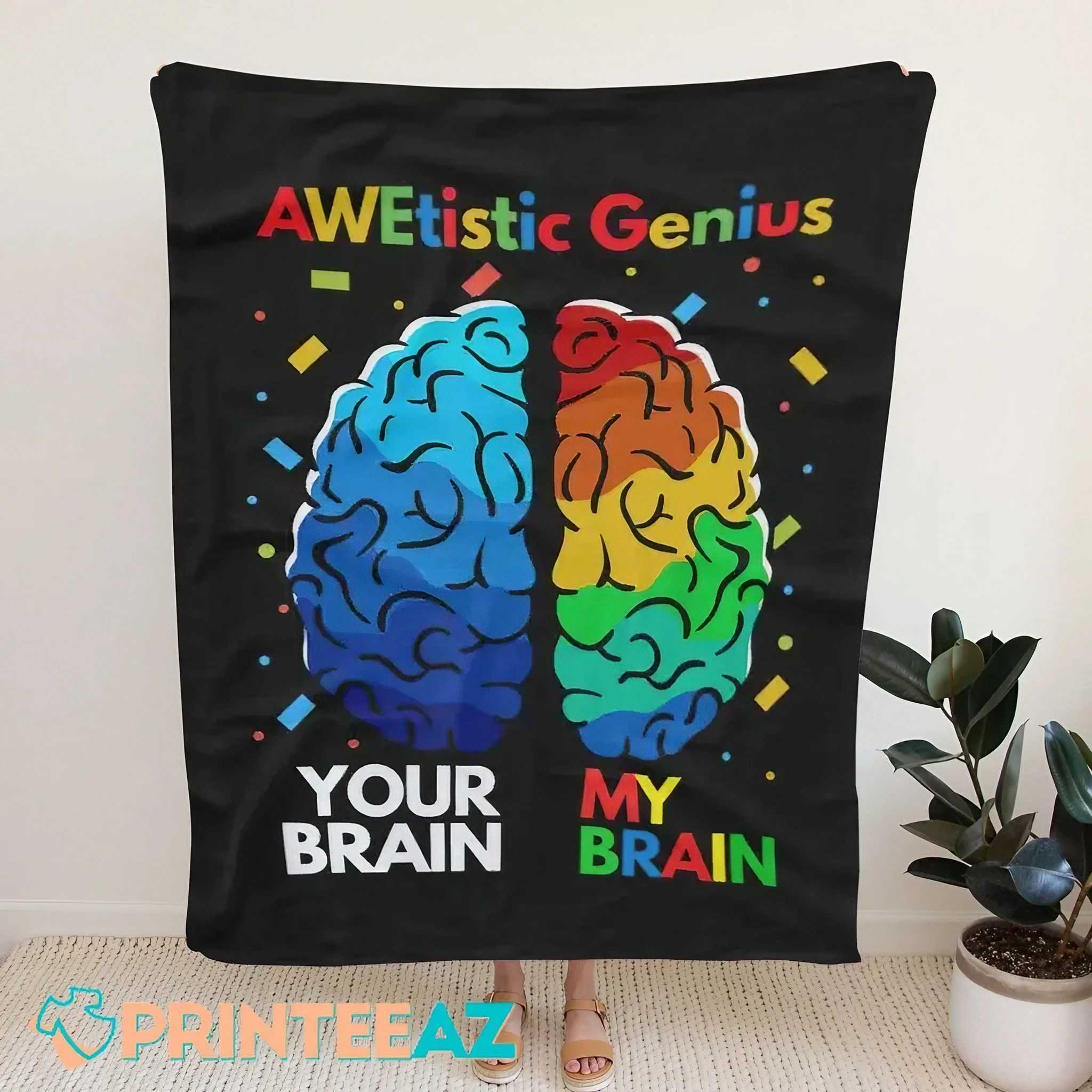 Awetistic Genius Autism Awareness Fleece Throw Quilt Blanket With Brain - PrinteeAZ