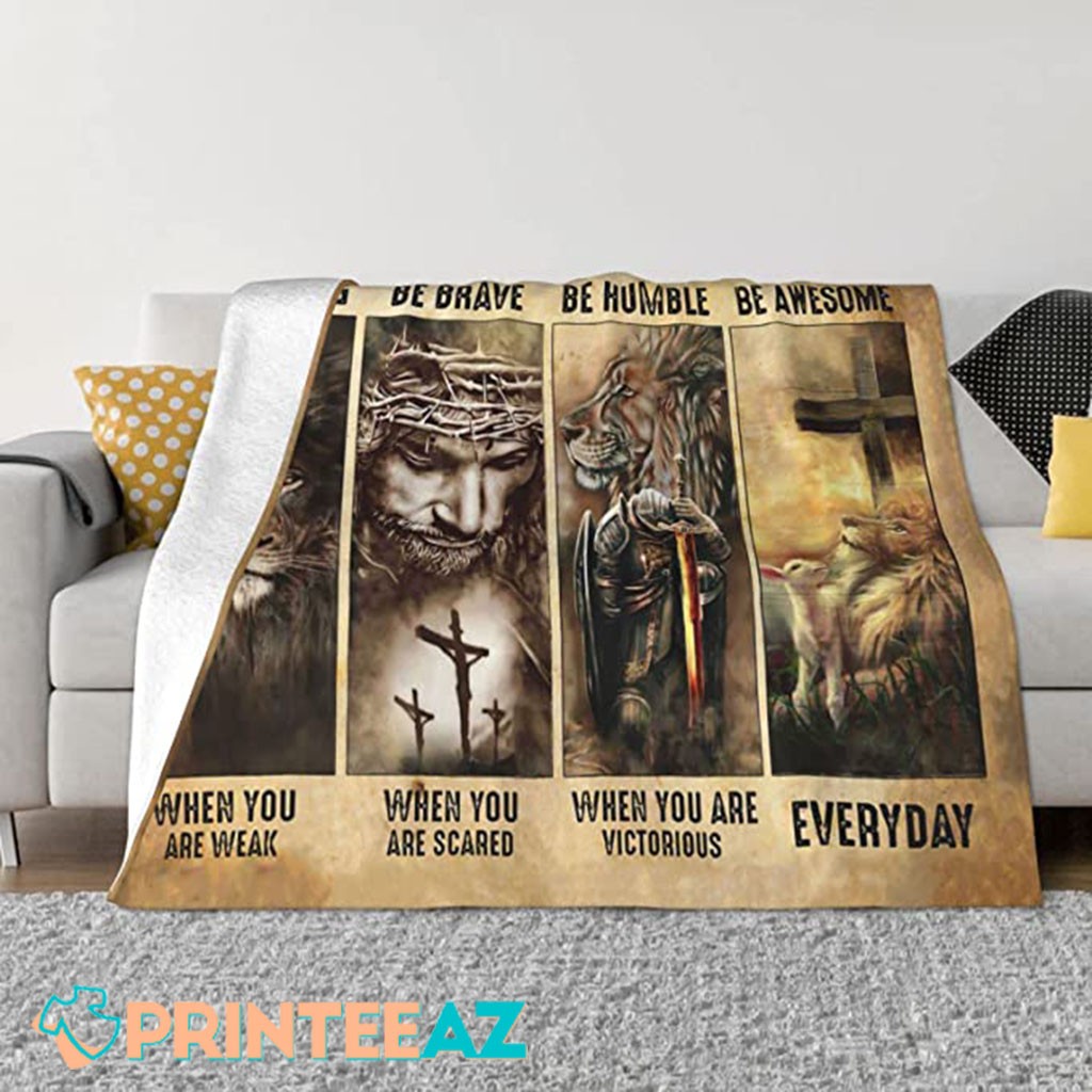 Be Brave Be Humble Be Awesome Fleece Throw Quilt Blanket With Knight And Lion - PrinteeAZ