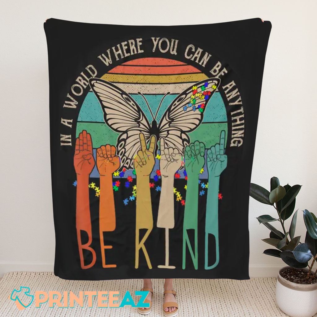 Be Kind ASL Autism Awareness Fleece Throw Quilt Blanket With Butterfly - PrinteeAZ