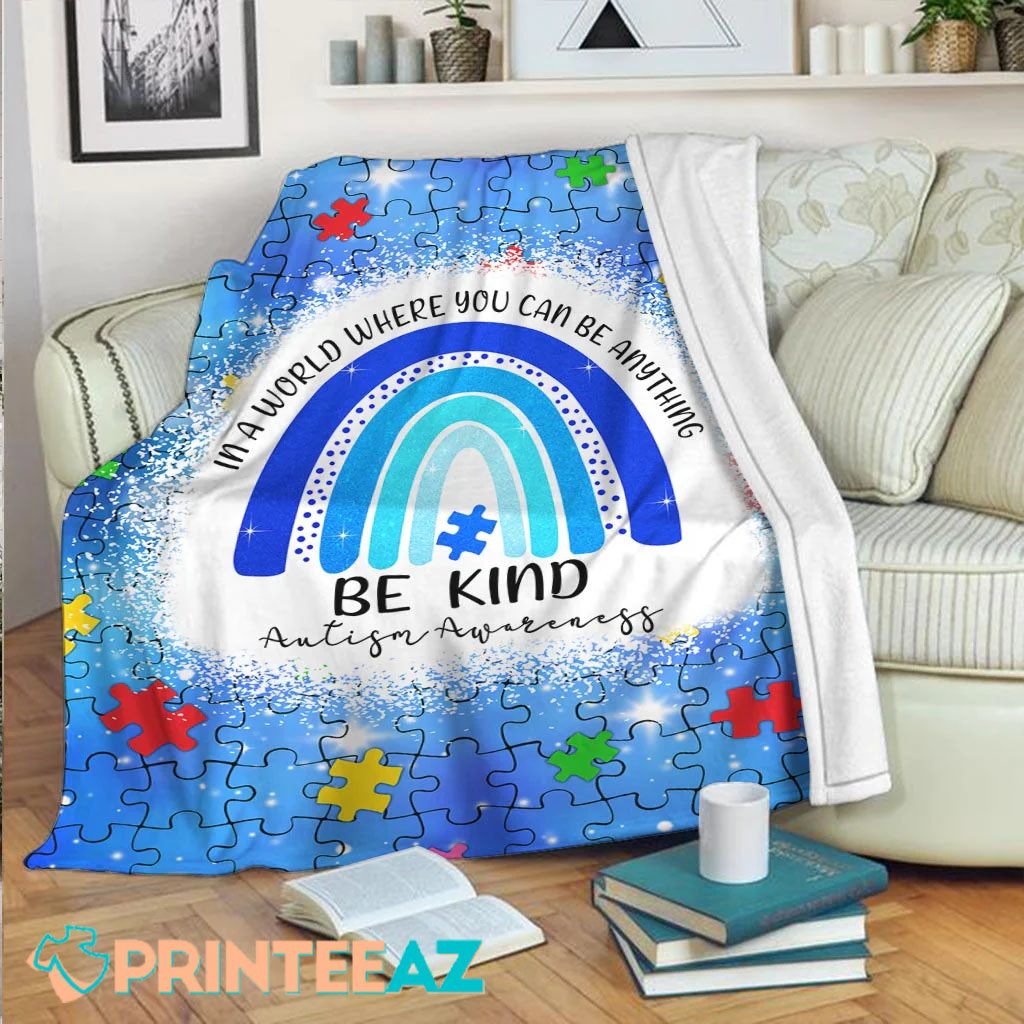 Be Kind Autism Awareness Fleece Throw Quilt Blanket Blue With Puzzles - PrinteeAZ