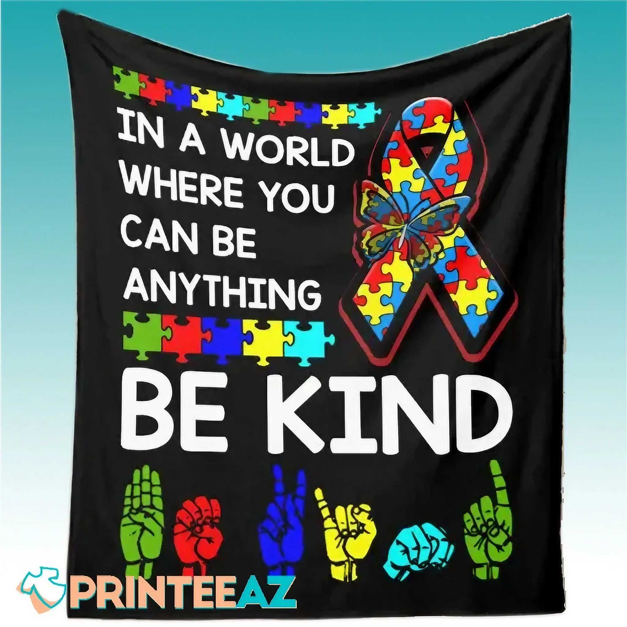 Be Kind Autism Awareness Fleece Throw Quilt Blanket With Ribbon - PrinteeAZ