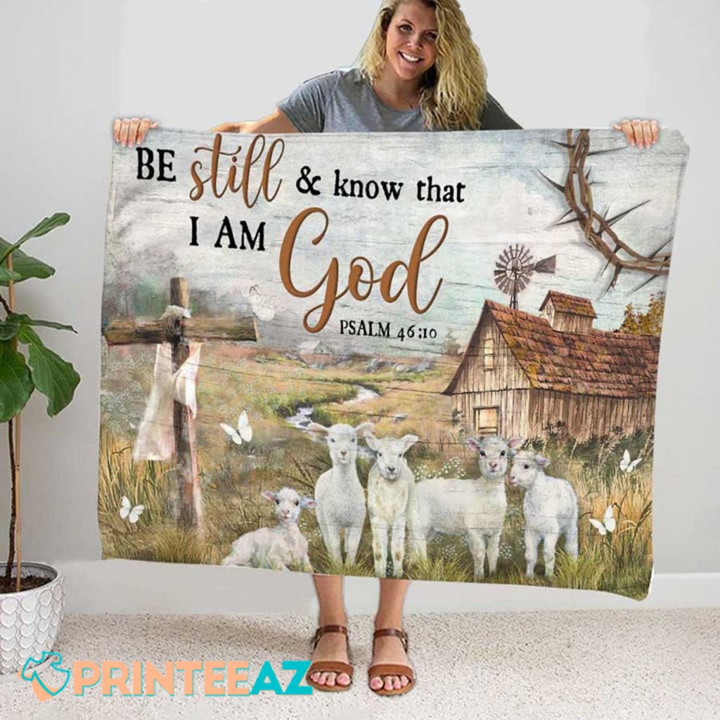 Be Still And Know That I Am God Psalm 4610 Bible Verse Fleece Throw Quilt Blanket Brown With Lambs And Crown Of Thorns - PrinteeAZ