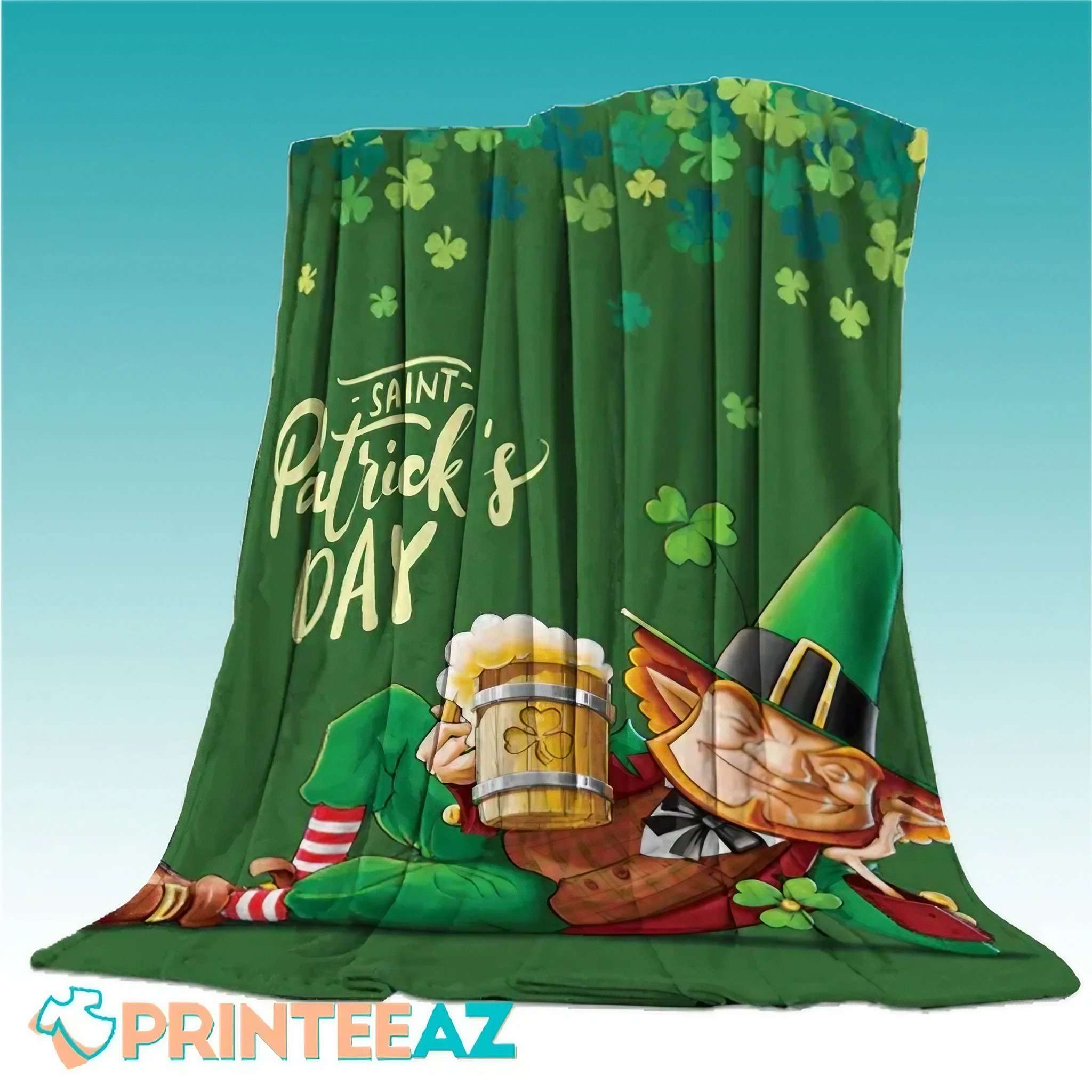 Beer Clover Grass Monster St Patrick_s Day Fleece Throw Quilt Blanket With Leprechaun - PrinteeAZ