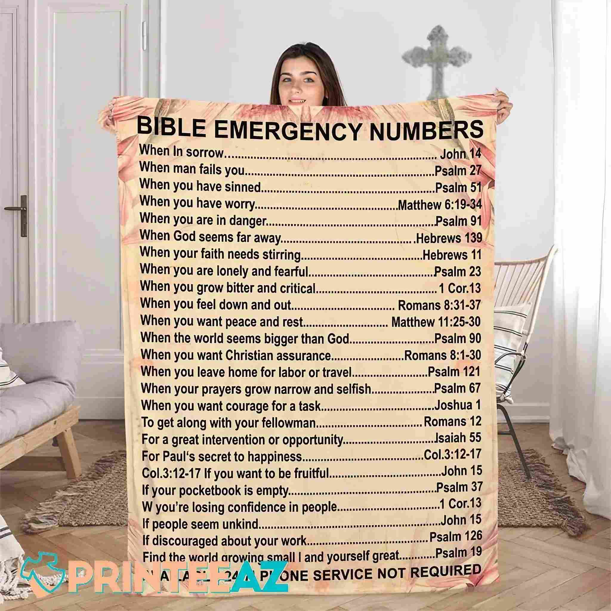 Bible Emergency Numbers Fleece Throw Quilt Blanket With Black Text - PrinteeAZ