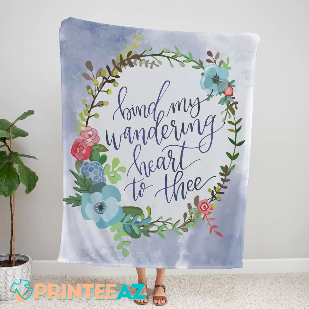 Bind My Wandering Heart To Thee Fleece Throw Quilt Blanket With Flower Wreath And Purple Text - PrinteeAZ