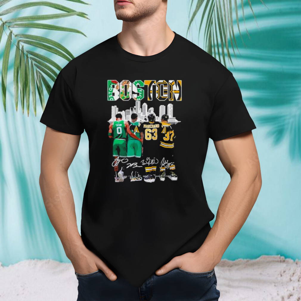 Boston Celtics and Bruins Jayson Tatum Jaylen Brown Brad Marchand and Patrice Bergeron signatures shirt