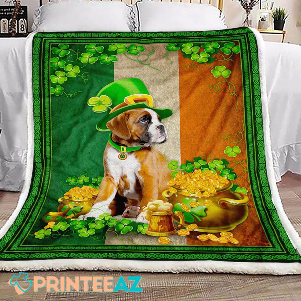 Boxer Irish St Patrick_s Day Fleece Throw Quilt Blanket With Shamrock - PrinteeAZ