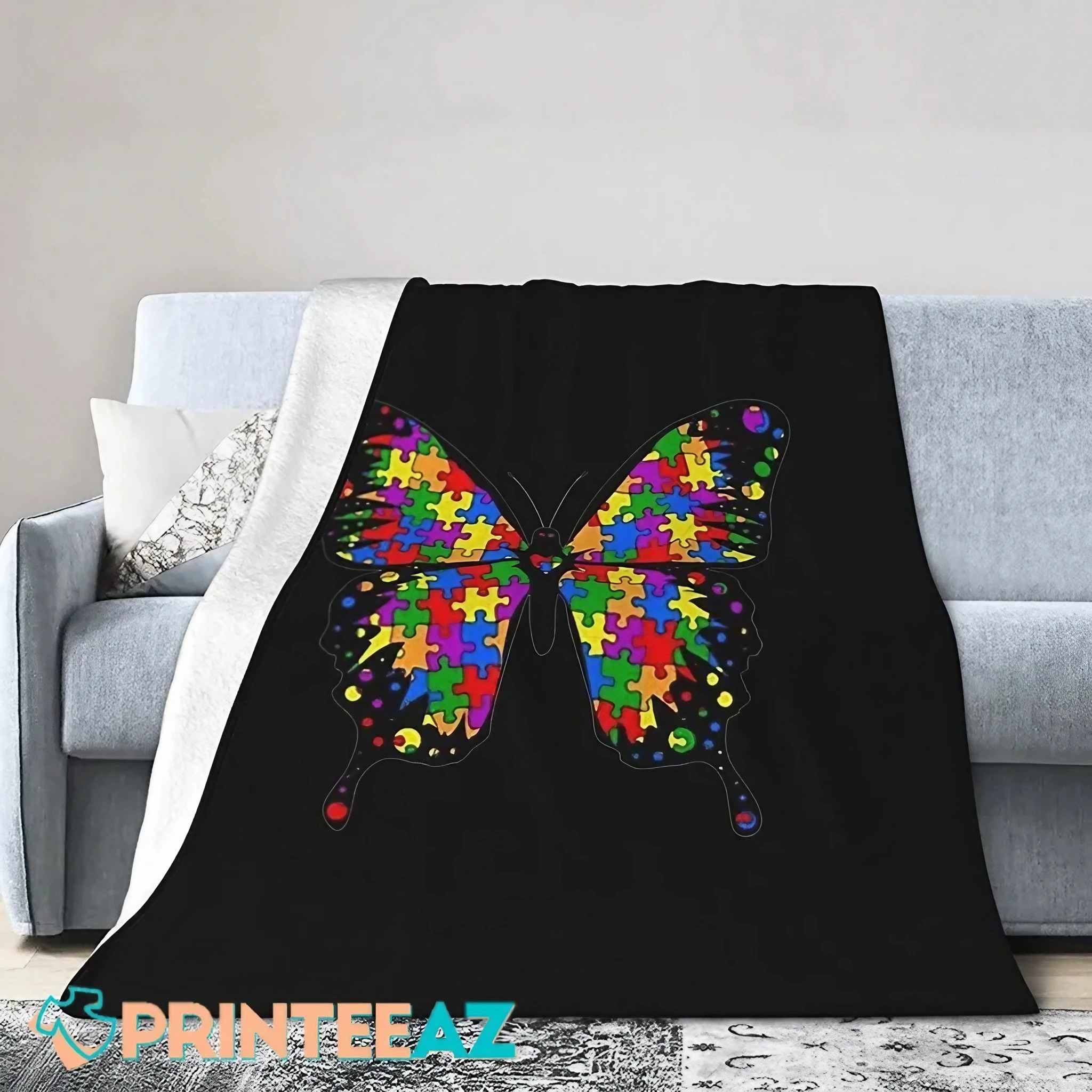 Butterfly Autism Awareness Fleece Throw Quilt Blanket With Puzzles - PrinteeAZ