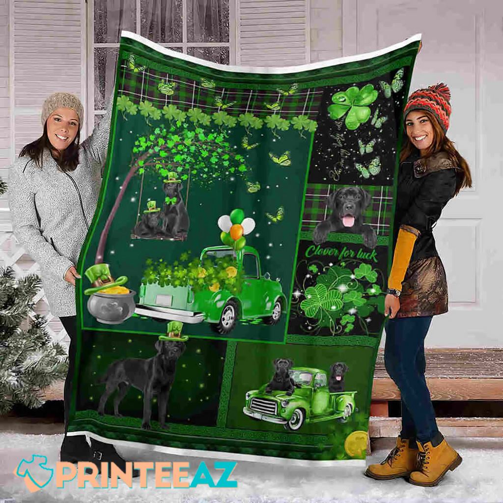 Cheer For Luck St Patrick_s Day Fleece Throw Quilt Blanket Green With Black Labrador And Shamrocks - PrinteeAZ