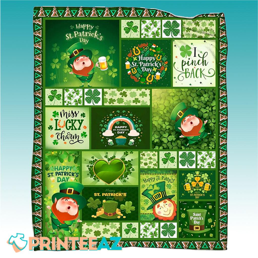 Clover Leaf Green Shamrock St Patrick_s Day Fleece Throw Quilt Blanket With Leprechauns - PrinteeAZ