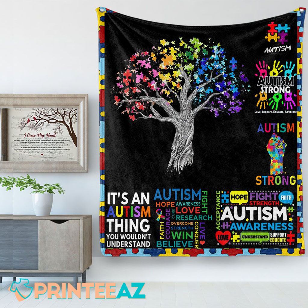 Colorful Autism Tree Awareness Fleece Throw Quilt Blanket With Puzzles - PrinteeAZ