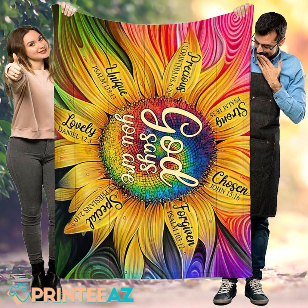 Colorful Beautiful Sunflower God Says You Are Bible Verse Fleece Throw Quilt Blanket - PrinteeAZ