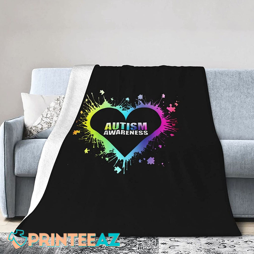 Colorful Splatter Heart Autism Awareness Support Fleece Throw Quilt Blanket - PrinteeAZ