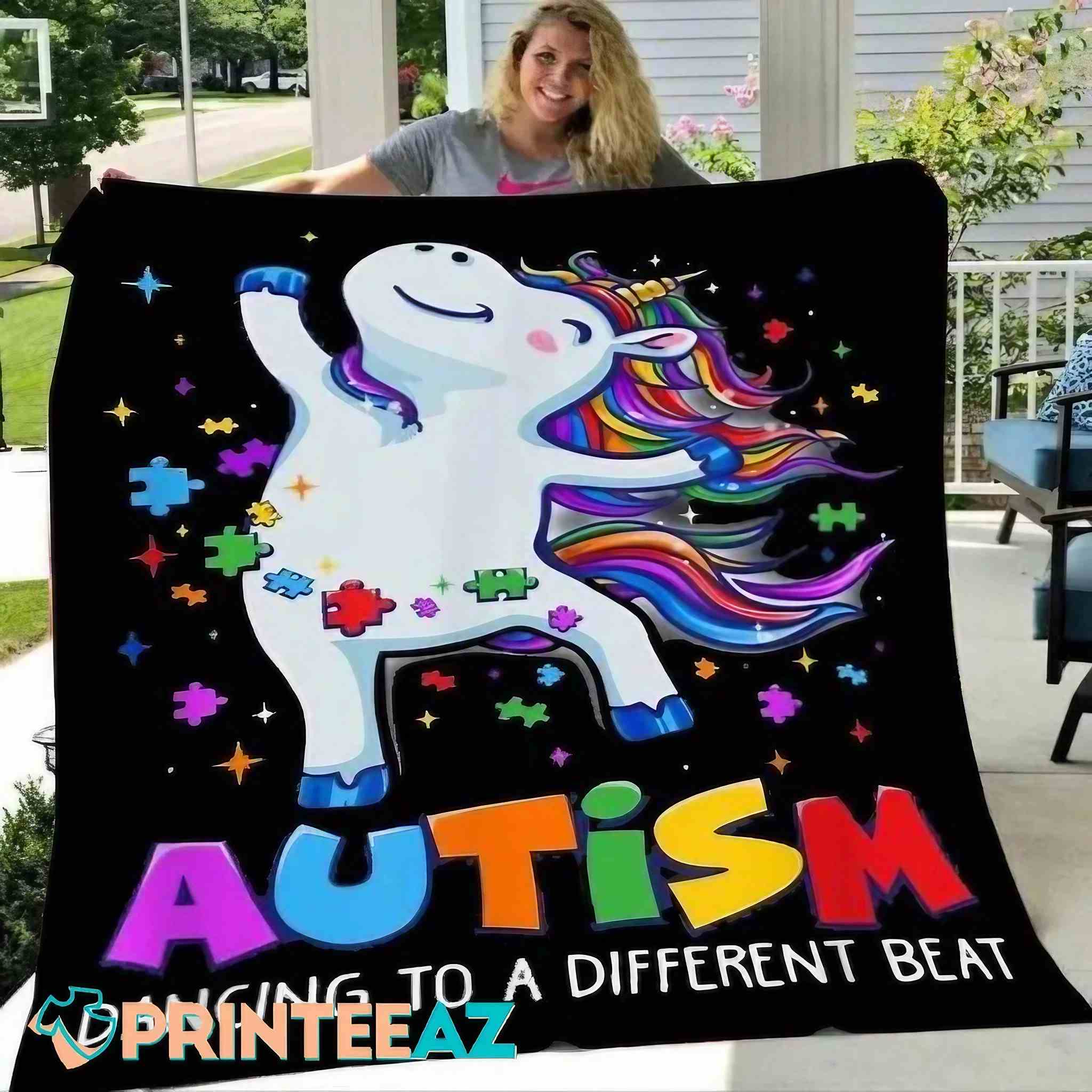 Dabbing Unicorn Autism Awareness Fleece Throw Quilt Blanket With Puzzle Piece - PrinteeAZ