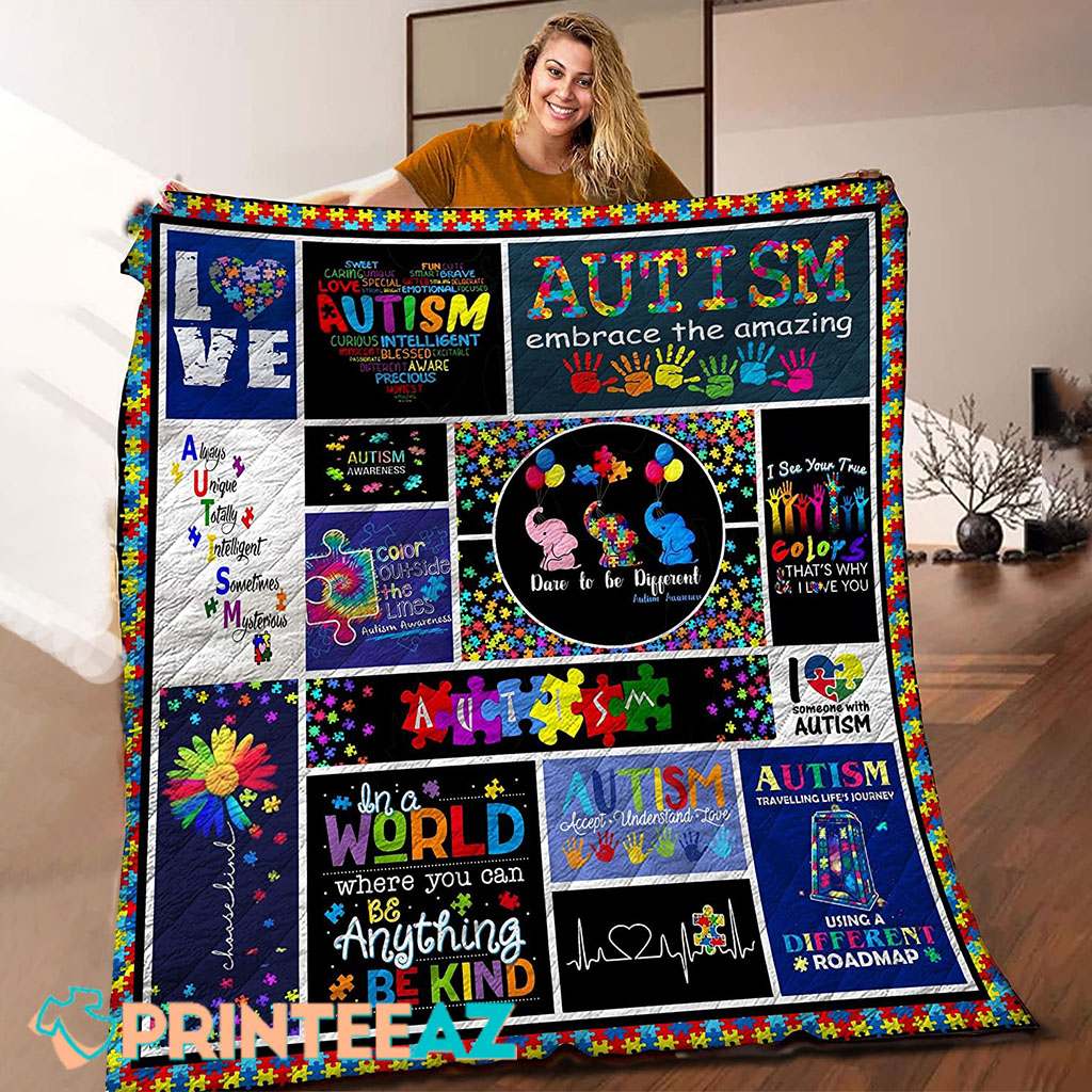 Dare To Be Different Autism Awareness Fleece Throw Quilt Blanket With Elephants - PrinteeAZ