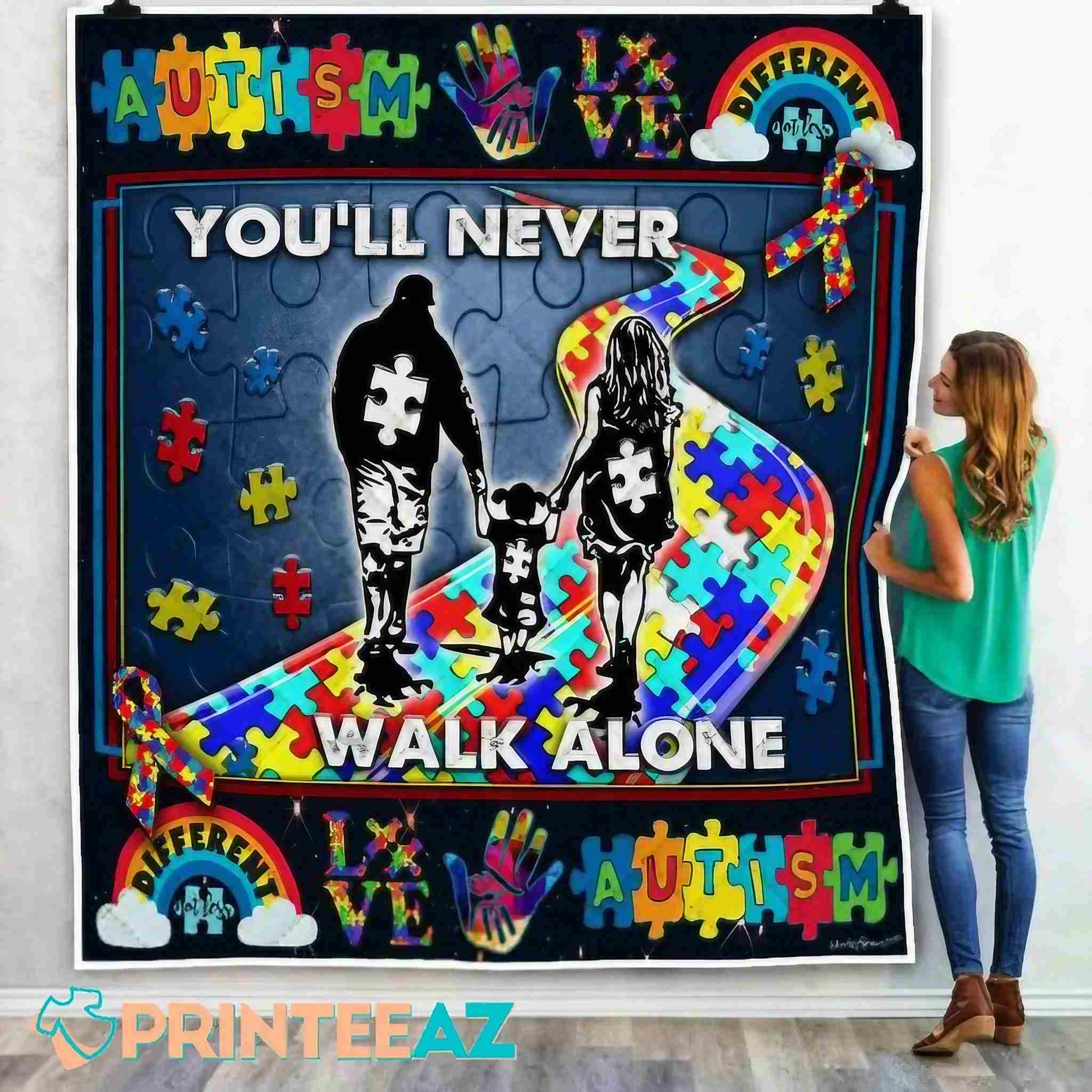 Daughter You’ll Never Walk Alone Autism Awareness Fleece Throw Quilt Blanket With Puzzle Pieces - PrinteeAZ