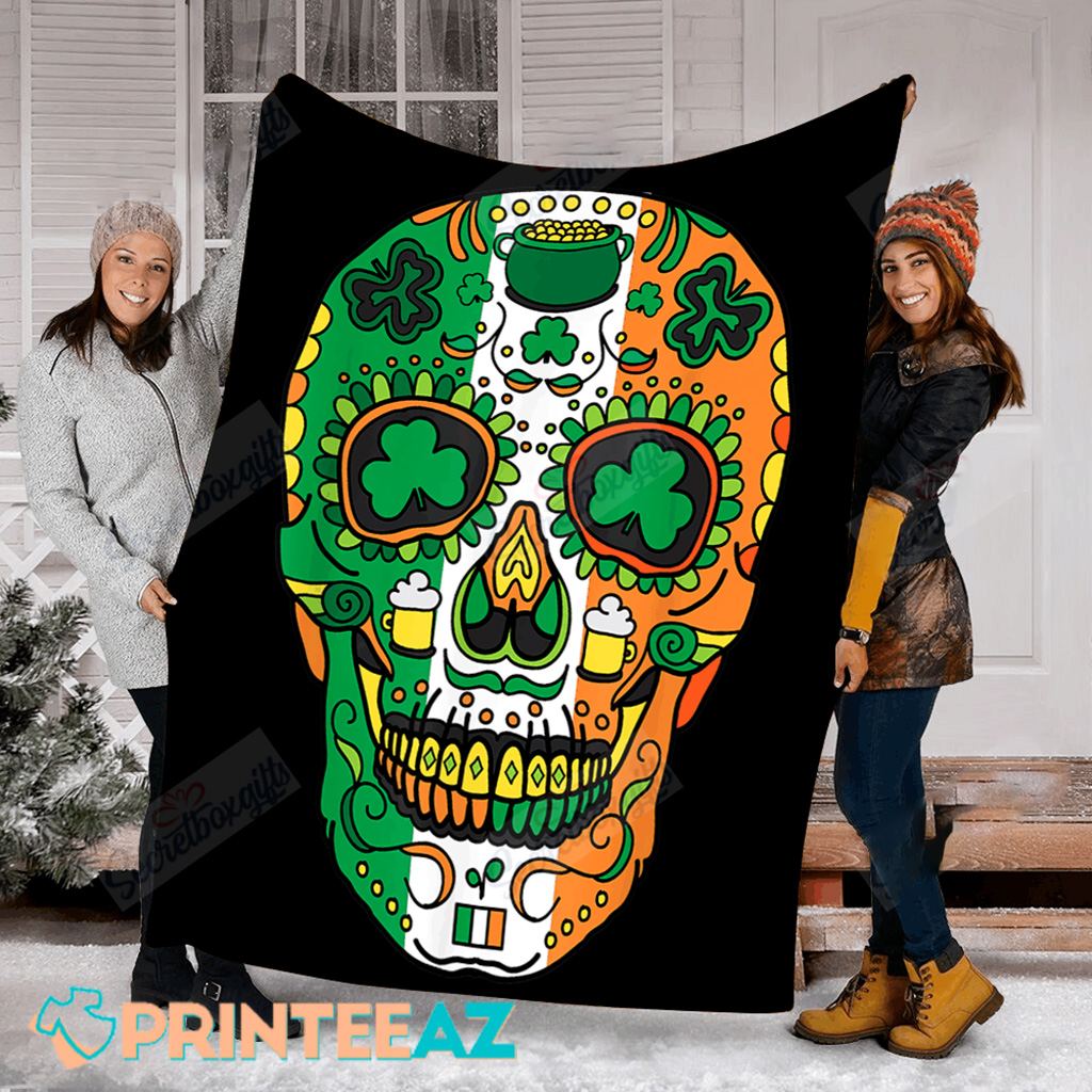 Day Of The Dead Irish Sugar Skull St Patrick_s Day Fleece Throw Quilt Blanket Black With Irish Flag - PrinteeAZ