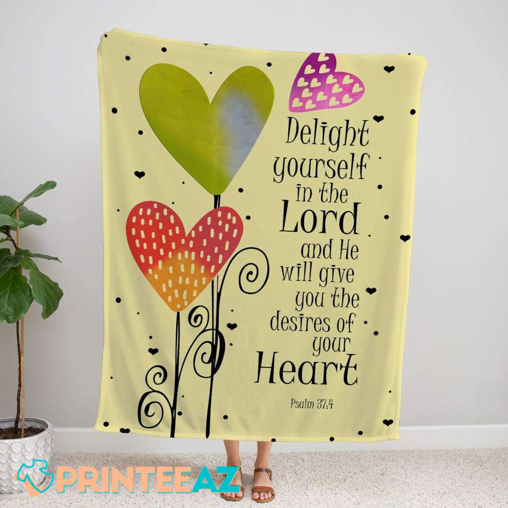 Delight Yourself In The Lord Psalm 37-4 Bible Verse Fleece Throw Quilt Blanket With Black Text And Hearts - PrinteeAZ