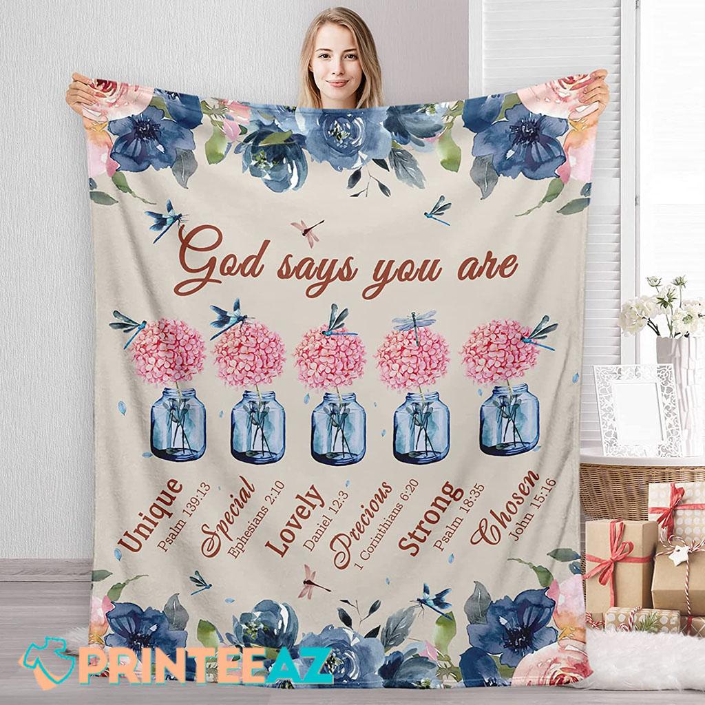 Dragonfly Fleece Throw Quilt Blanket With God Says You Are With Flowers And Brown Text - PrinteeAZ