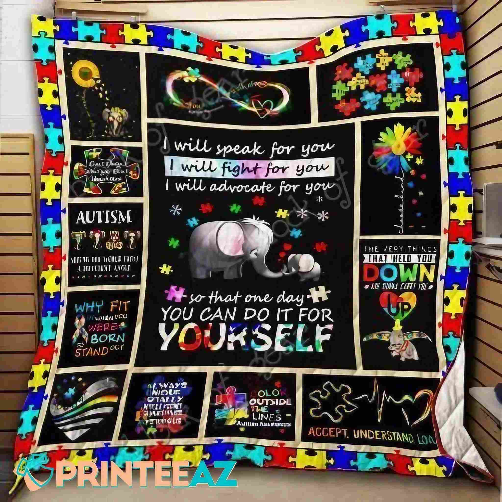 Elephant I Will Speak For You Autism Awareness Fleece Throw Quilt Blanket - PrinteeAZ