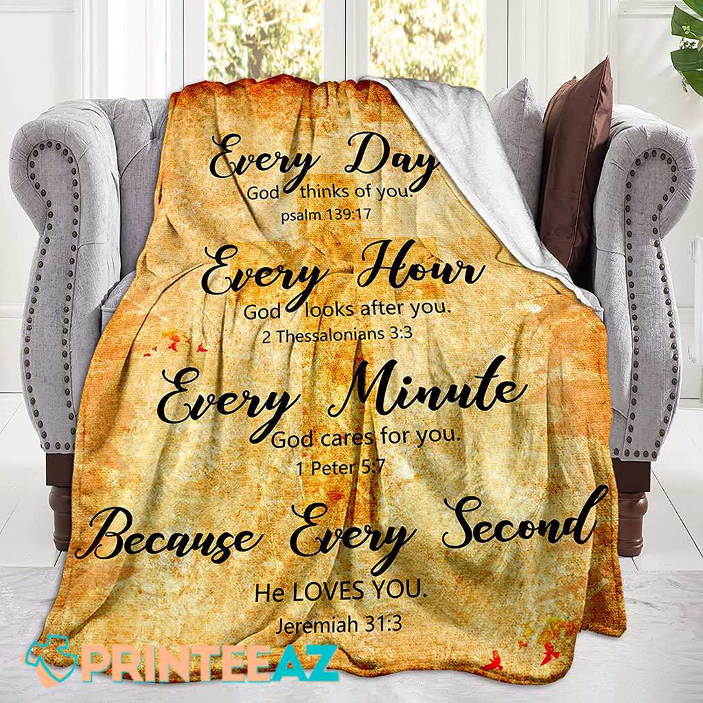 Every Day Every Hour Every Minute Because Every Second He Loves You Bible Verse Fleece Throw Quilt Blanket With Cross And White Text - PrinteeAZ