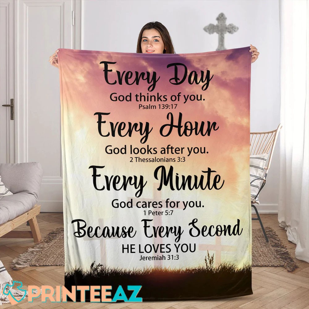 Everyday God Thinks Of You Bible Verse Fleece Throw Quilt Blanket Cross - PrinteeAZ