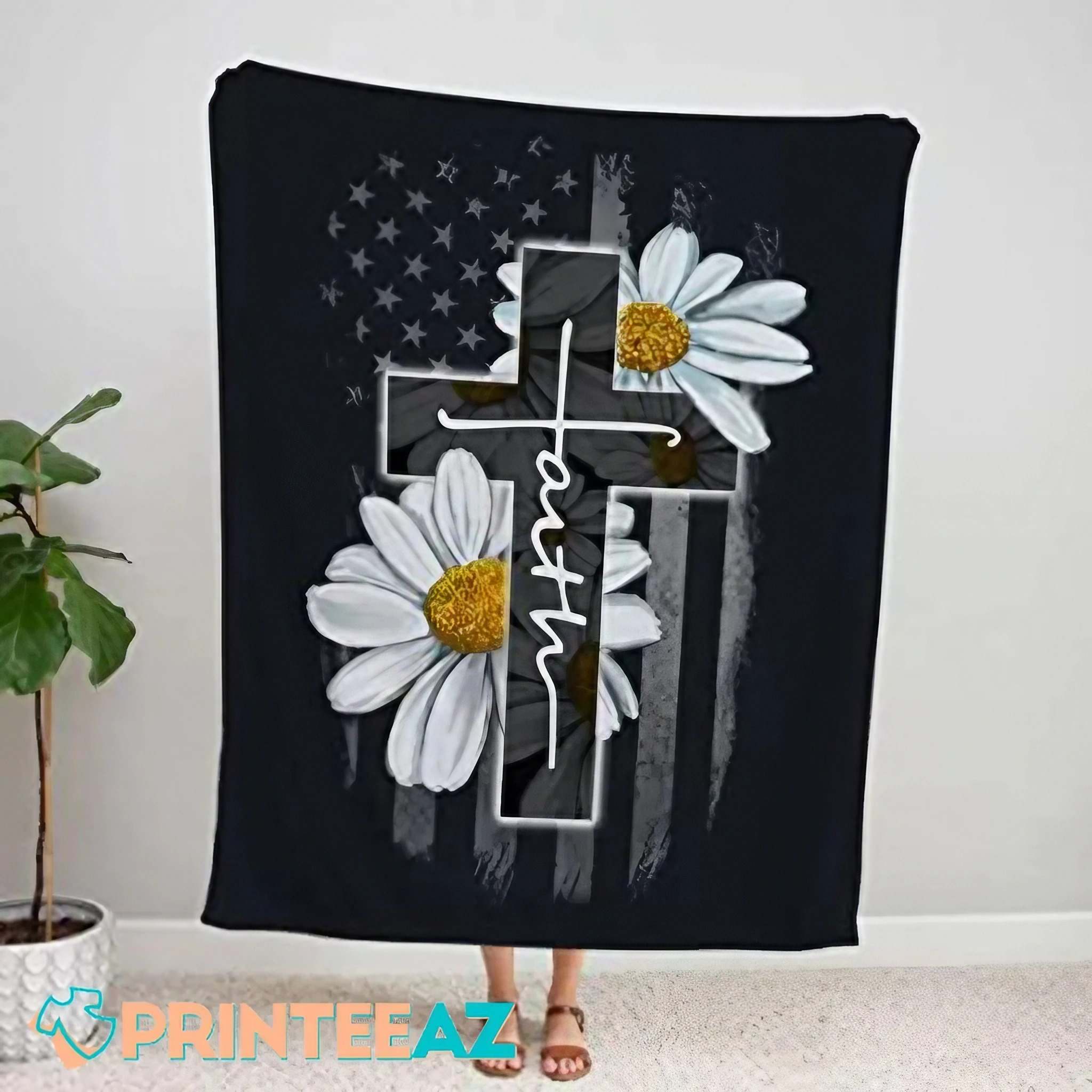 Faith Cross Daisy Fleece Throw Quilt Blanket With American Flag And White Text - PrinteeAZ