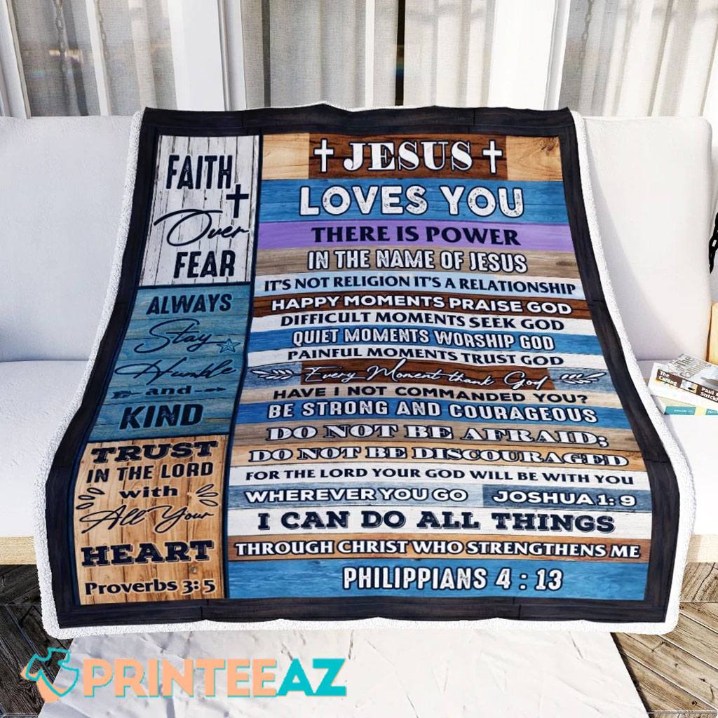 Faith Over Fear Jesus Loved You There Is Power Fleece Throw Quilt Blanket With Cross - PrinteeAZ