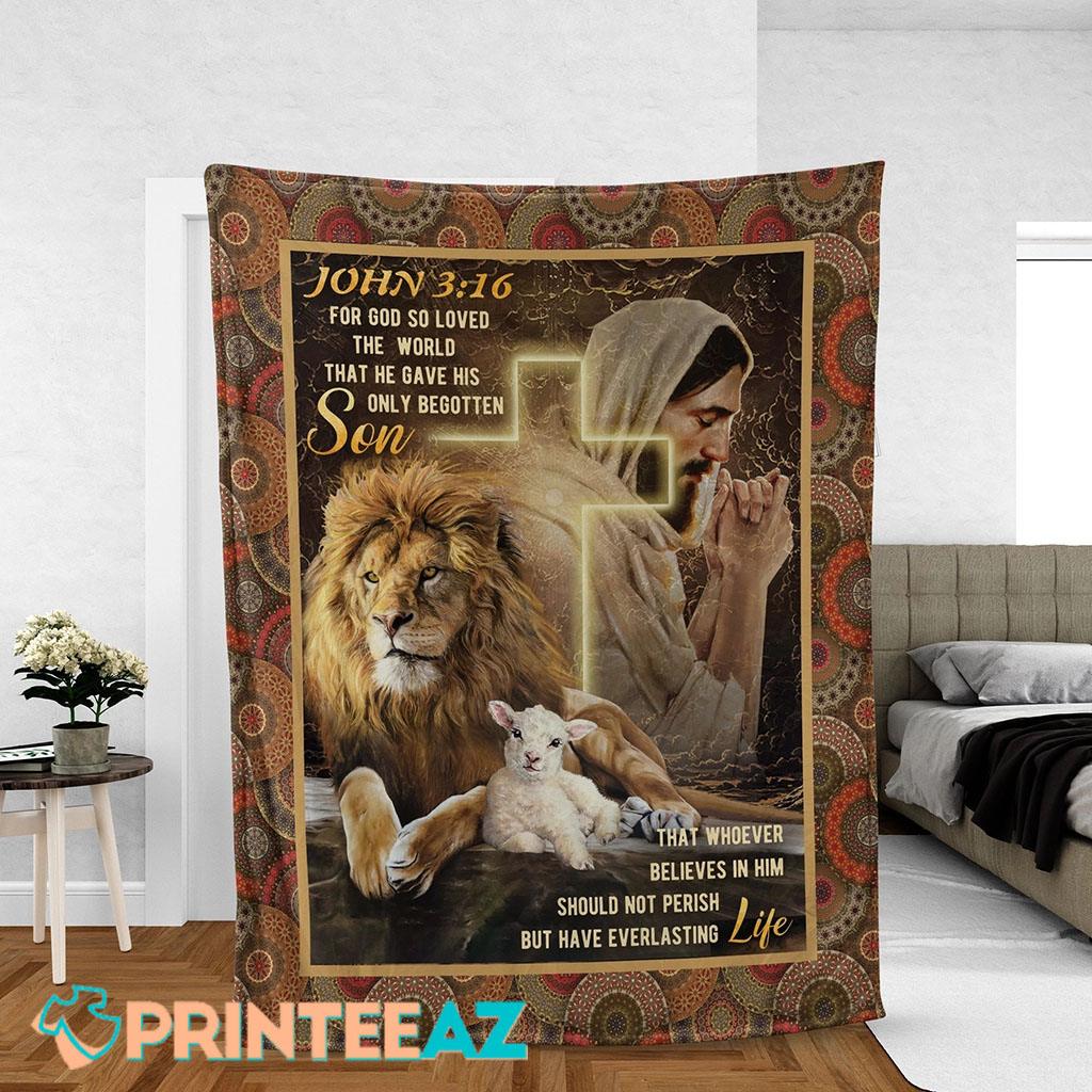 For God So Loved The World Fleece Throw Quilt Blanket With Lion And Lamb Of God - PrinteeAZ