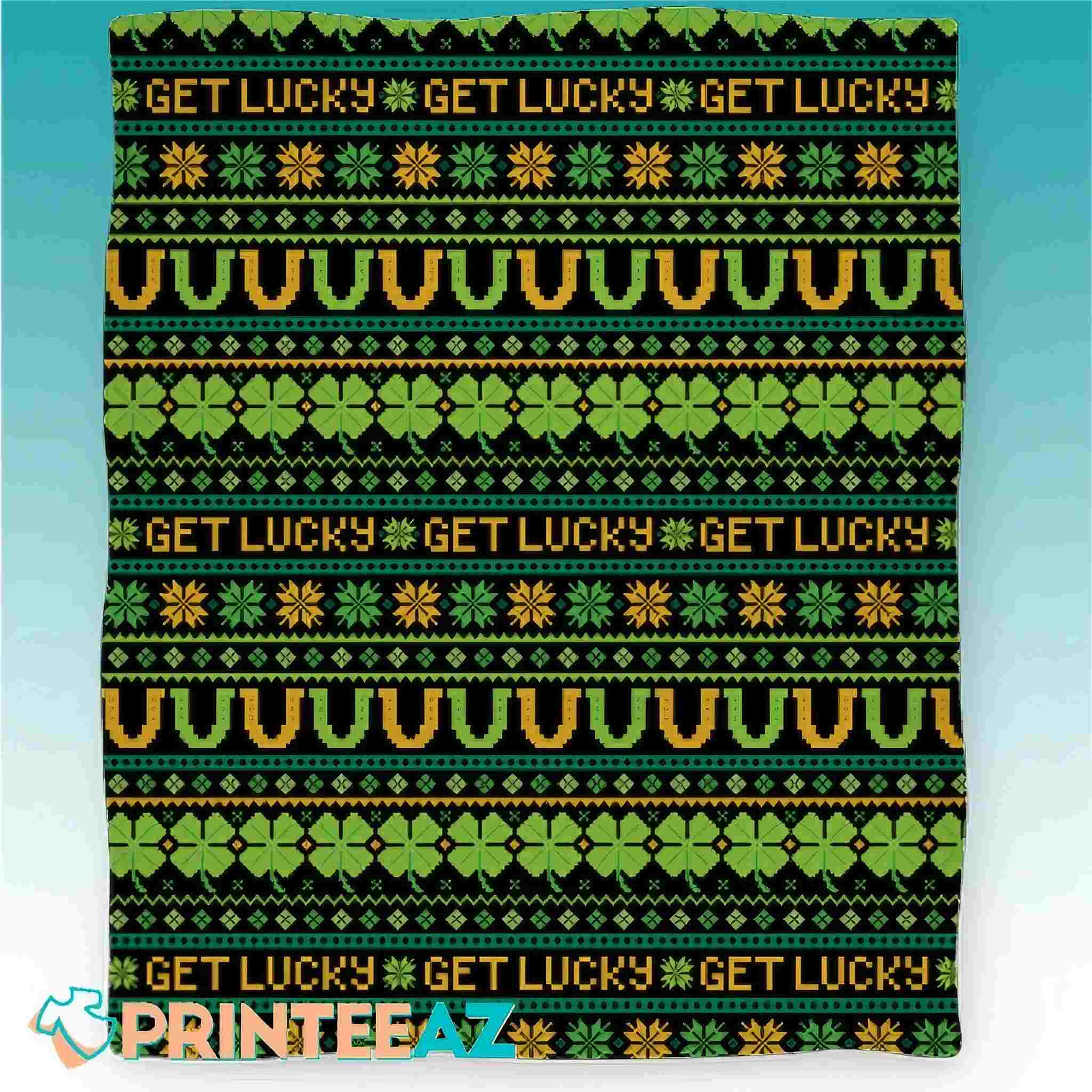 Get Lucky St Patrick_s Day Fleece Throw Quilt Blanket With Horseshoe And Shamrock - PrinteeAZ