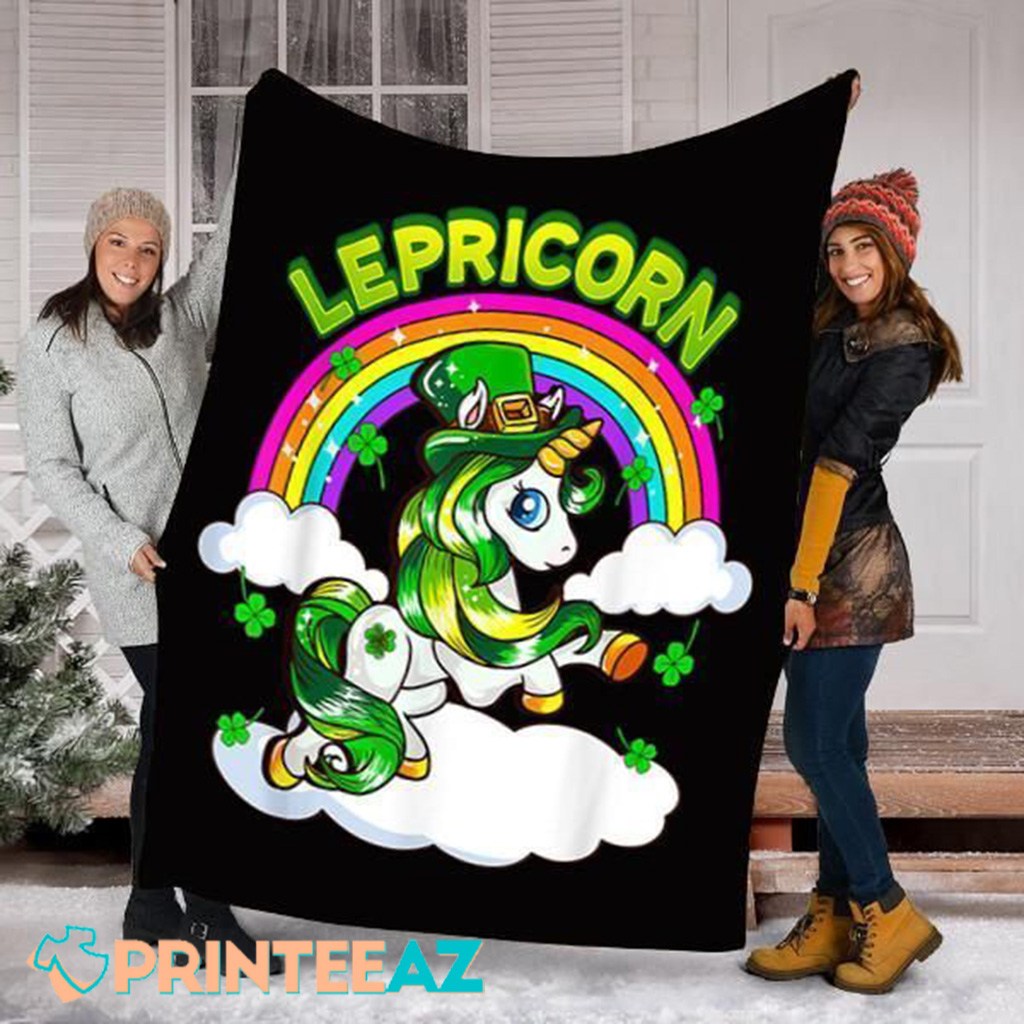 Girls Unicorn Irish Lepricorn St Patrick_s Day Fleece Throw Quilt Blanket, Black With Shamrocks - PrinteeAZ