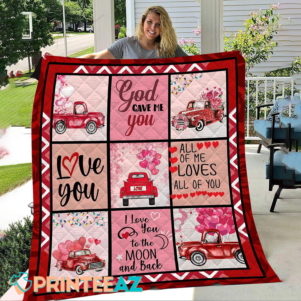 God Gave Me You To The Mon And Back Love Car Valentine Fleece Throw Quilt Blanket Red With Car And Hearts - PrinteeAZ