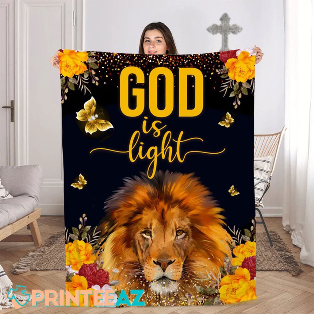 God Is Light Fleece Throw Quilt Blanket With Lion, Butterfly And Yellow Text - PrinteeAZ