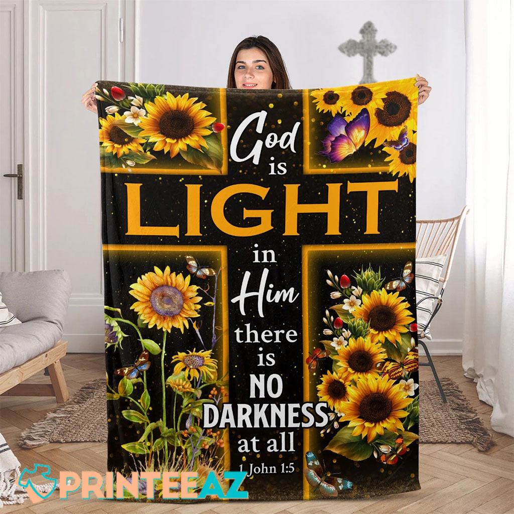 God Is Light In Him 1 John 15 Bible Verse Fleece Throw Quilt Blanket With Butterfly And Sunflower - PrinteeAZ