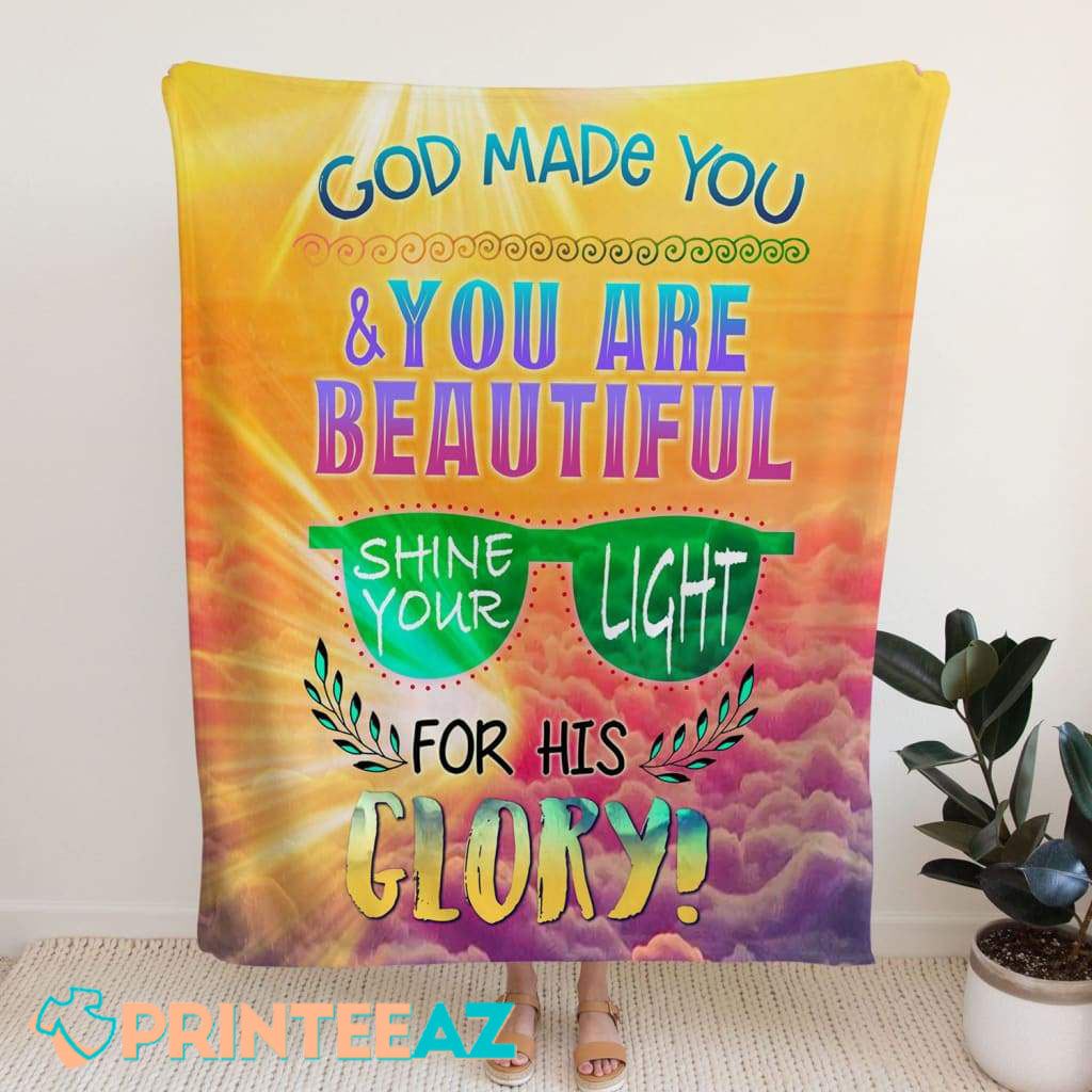 God Made You And You Are Beautiful Quote Fleece Throw Quilt Blanket With Colorful Text And Sunglasses - PrinteeAZ