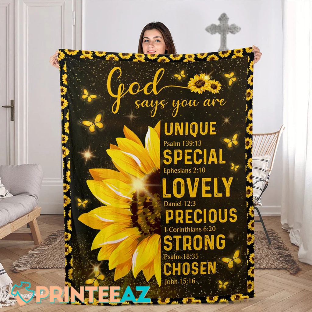 God Says You Are Bible Verse Fleece Throw Quilt Blanket With Sunflower And Butterfly - PrinteeAZ