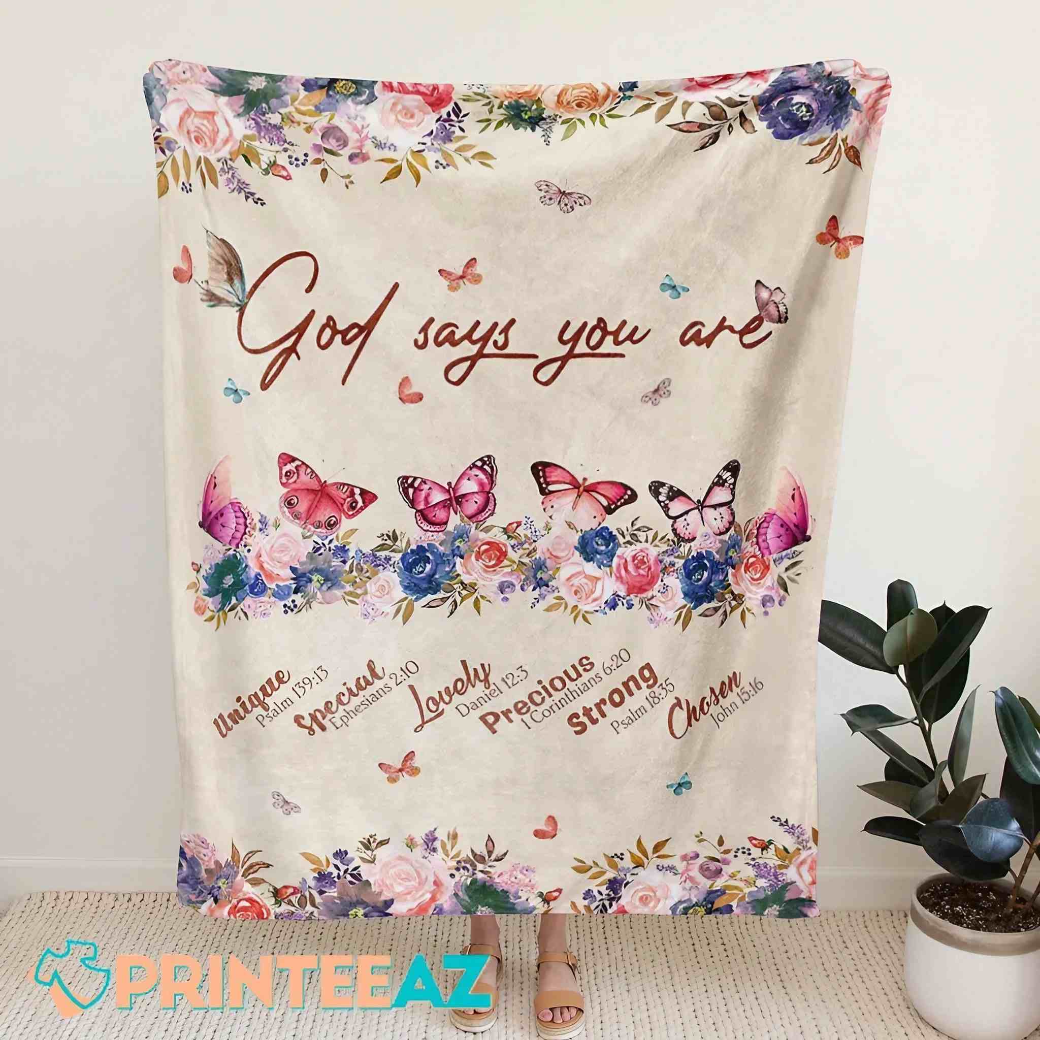God Says You Are Fleece Throw Quilt Blanket With Red Text Butterflies And Flowers - PrinteeAZ